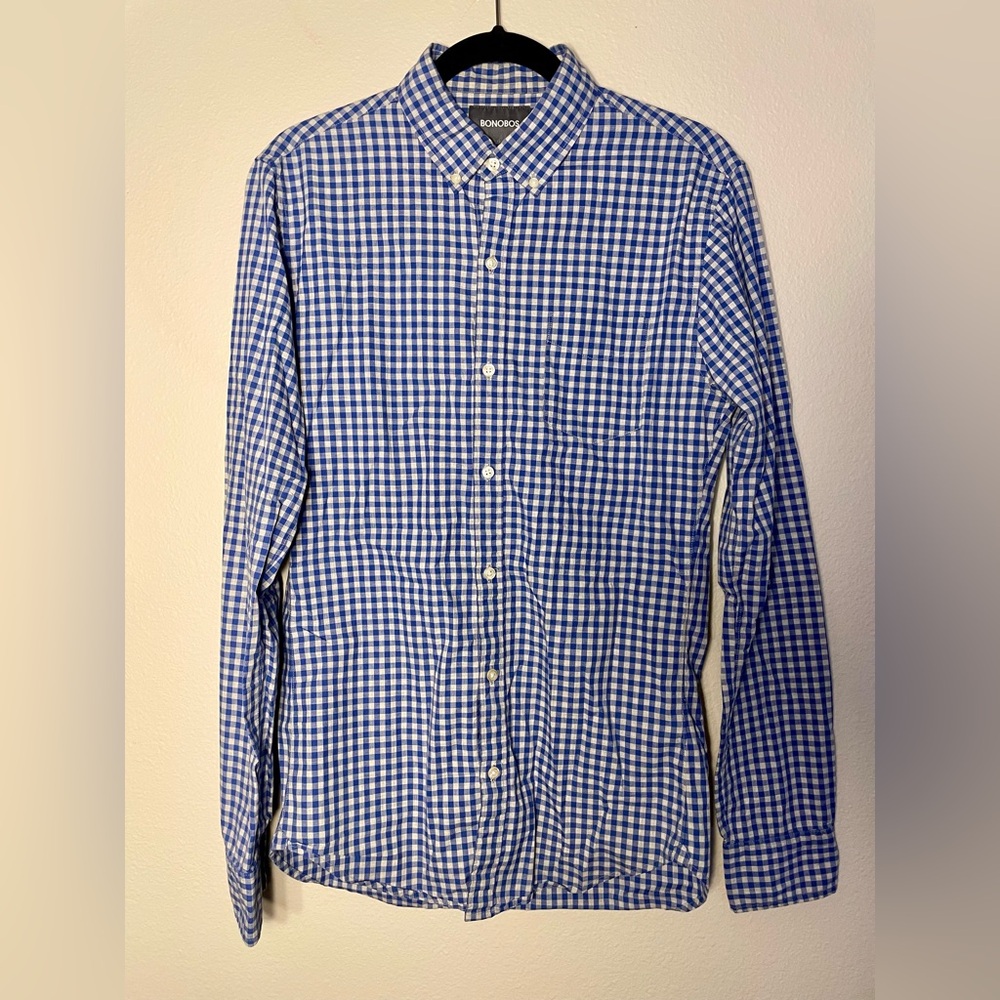 Bonobos Men's Blue & White, Checkered, Collared, Long Sleeve, Button Down Shirt
